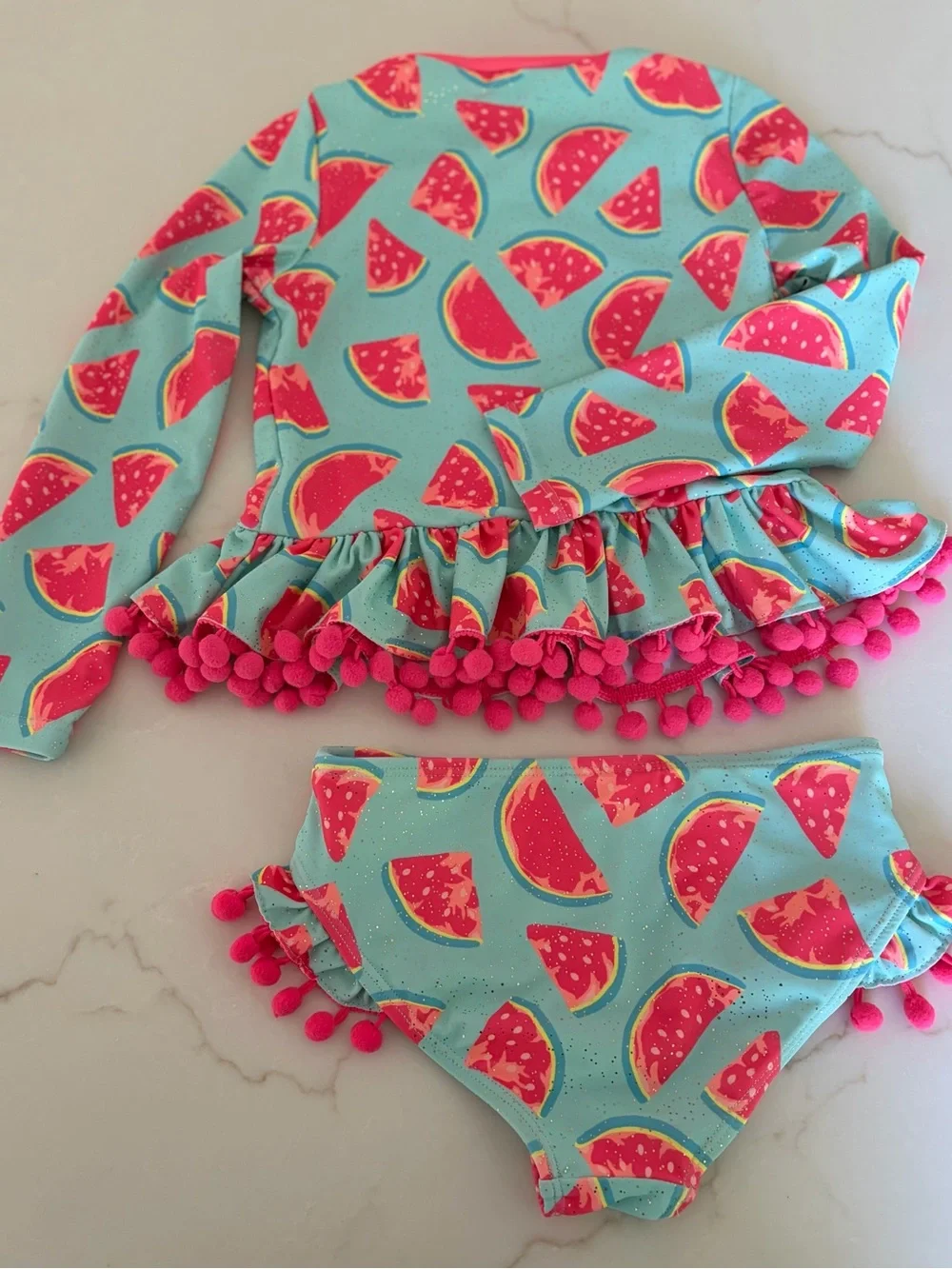 Nicole Miller Girls' Pink & Aqua Watermelon Pom-Pom Rashguard Set